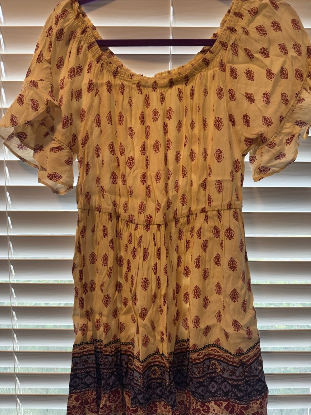 Cream Boho Mini Dress with Rust Motif